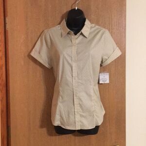 Liz Claiborne - tan and white‎ short sleeved button down top. NWT​